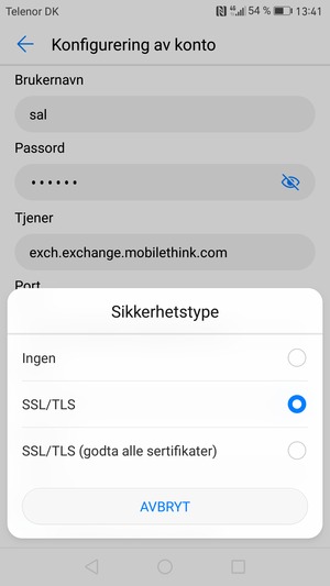 Velg SSL/TLS (godta alle sertifikater)