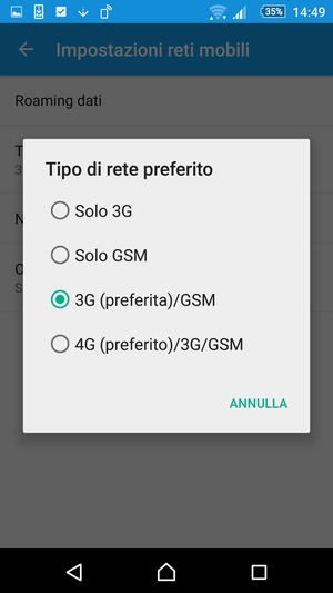 Seleziona 3G (preferita)/GSM per abilitare 3G