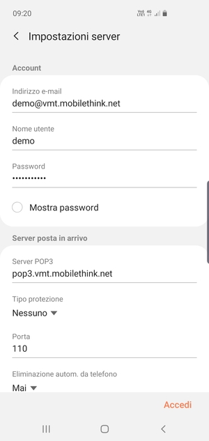 Inserisci Nome utente e l'indirizzo del server di posta in arrivo