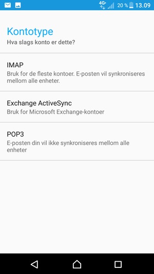 Velg IMAP eller POP3