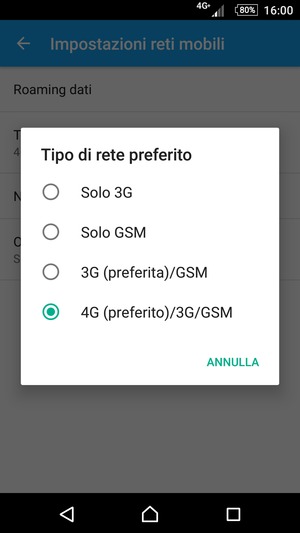 Seleziona Solo GSM per abilitare 2G