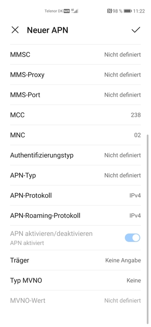 Scrollen Sie nach unten und geben Sie Internetinformationen ein
