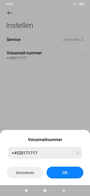 Voer het Voicemail nummer in en selecteer OK