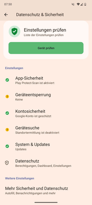 Um die PIN für die SIM-Karte zu wechseln, gehen Sie zum Sicherheit & datenschutz Menü und wählen Sie Mehr Sicherheit und Datenschutz