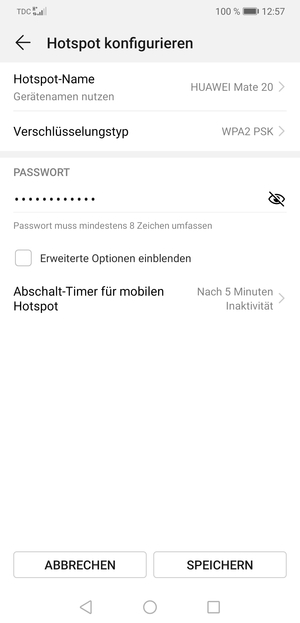 Geben Sie eine WLAN-Hotspot-Passwort mit mindestens 8 Zeichen ein und wählen Sie SPEICHERN