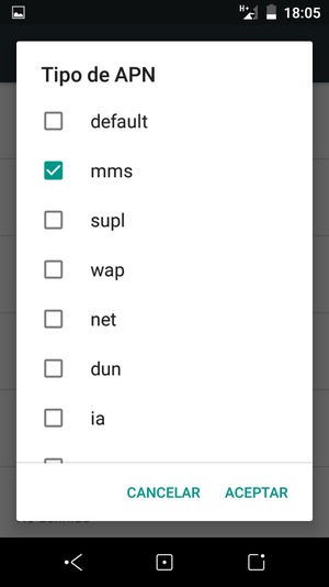 Marque la casilla de verificación mms y seleccione ACEPTAR