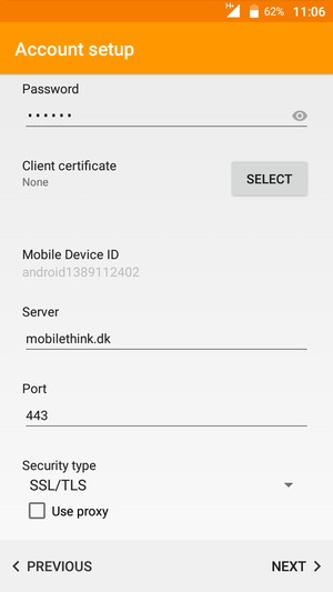 Scroll down and enter Exchange server address. Select NEXT