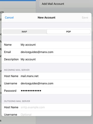 Select POP or IMAP and enter email information for INCOMING MAIL SERVER