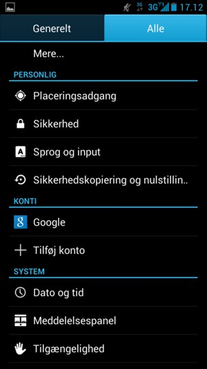 Vælg Alle og scroll til og vælg Google