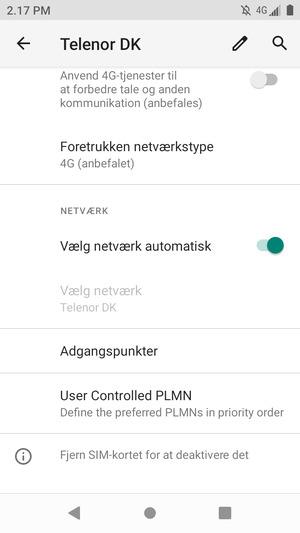 For at skifte netværk, hvis der opstår netværksproblemer, slå Vælg netværk automatisk fra