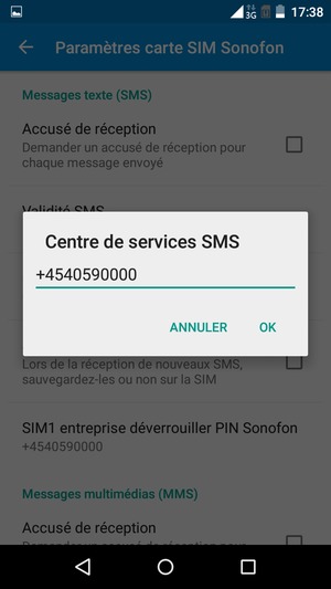 Saisissez le numéro du Centre de services SMS et sélectionnez OK