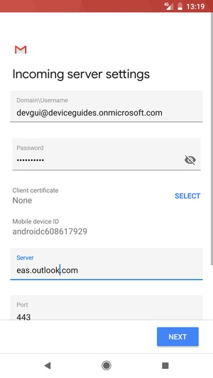 Enter Username and Exchange server address. Select NEXT