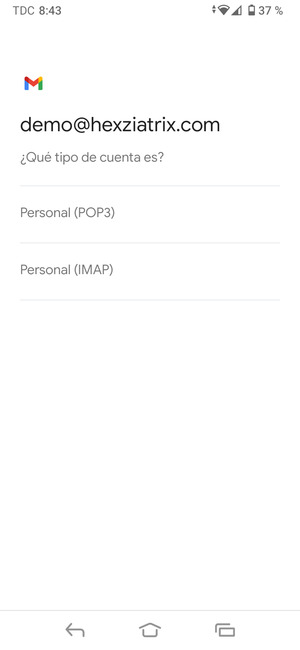 Seleccione Personal (POP3) o Personal (IMAP)
