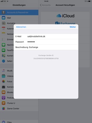 Geben Sie Ihre Exchange E-Mail-Informationen ein und wählen Sie Weiter