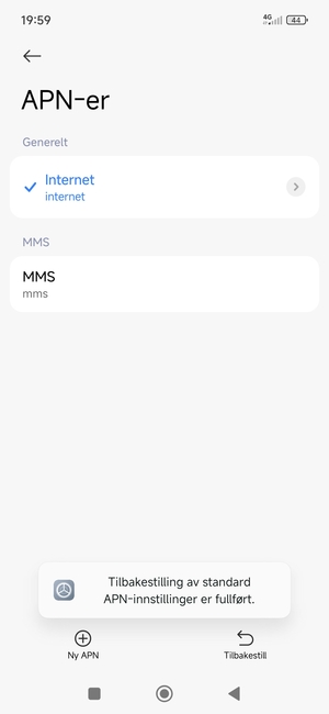 Telefonen din vil tilbakestilles til standard internett-og MMS-innstillinger
