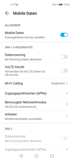 Scrollen Sie zu SIM 1 oder SIM 2 und wählen Sie Zugangspunktnamen (APNs)
