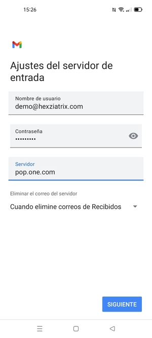 Introduzca Nombre de usuario y la dirección de servidor entrante. Seleccione SIGUIENTE