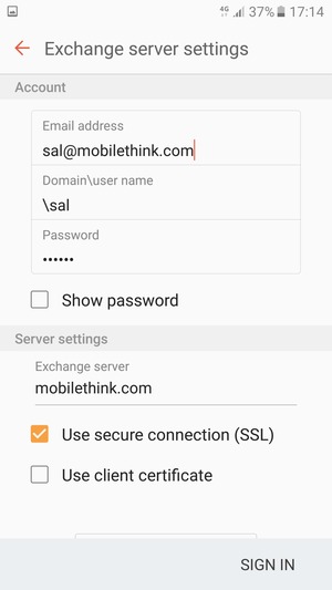 Enter User name and Exchange server address. Select SIGN IN