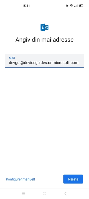 Indtast din e-mailadresse og vælg Konfigurer manuelt