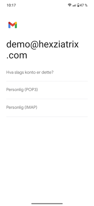 Velg Personlig (POP3) eller Personlig (IMAP)