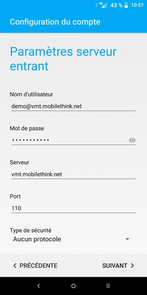 Saisissez votre Nom d'utilisateur et l'adresse du serveur entrant. Sélectionnez SUIVANT
