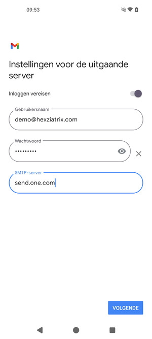 Voer Uitgaand serveradres in en selecteer VOLGENDE