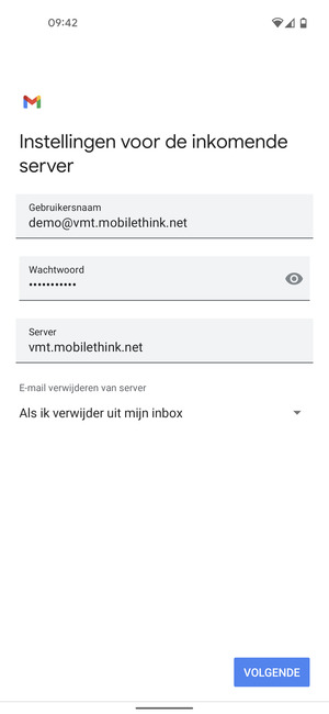 Voer Gebruikersnaam en binnenkomend serveradres in. Selecteer VOLGENDE