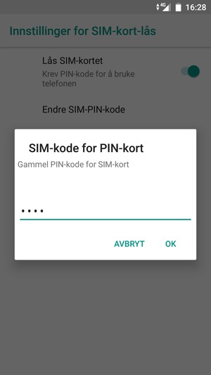 Skriv inn Gammel PIN-kode for SIM-kort og velg OK