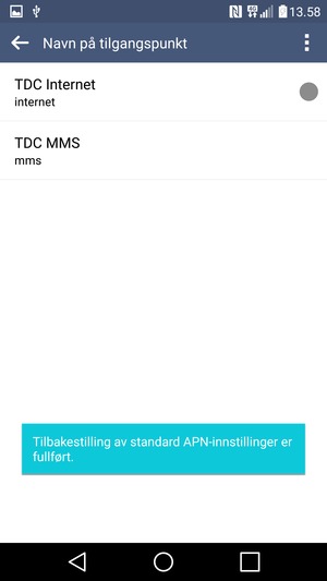 Telefonen din vil tilbakestilles til standard internett-og MMS-innstillinger