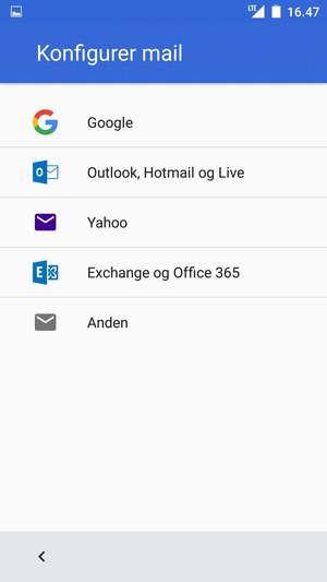 Vælg Exchange og Office 365