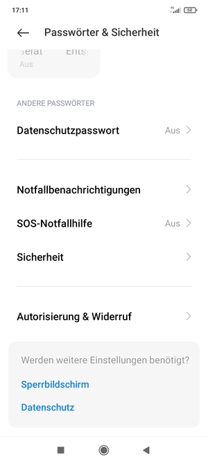 Scrollen Sie und wählen Sie Sicherheit