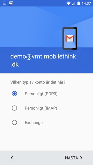 Välj Personligt (POP3) eller Personligt (IMAP) och välj NÄSTA