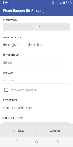 Geben Sie Benutzername und die Server-Adresse für eingehende Post ein. Wählen Sie WEITER