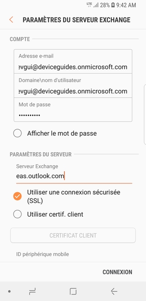 Saisissez votre Nom d'utilisateur et l'adresse du serveur Exchange. Sélectionnez CONNEXION