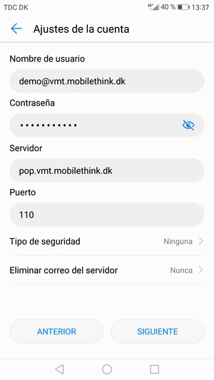 Introduzca Nombre de usuario y la dirección de servidor entrante. Seleccione SIGUIENTE