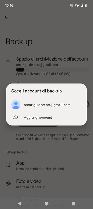 Seleziona il tuo account di backup