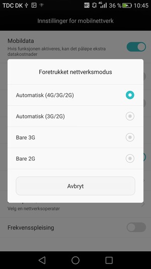 Velg Bare 2G for å aktivere 2G