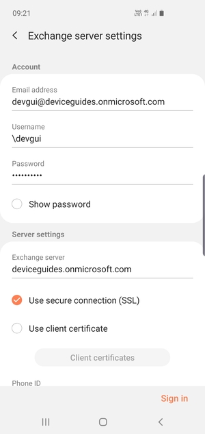 Enter Username and Exchange server address. Select Sign in