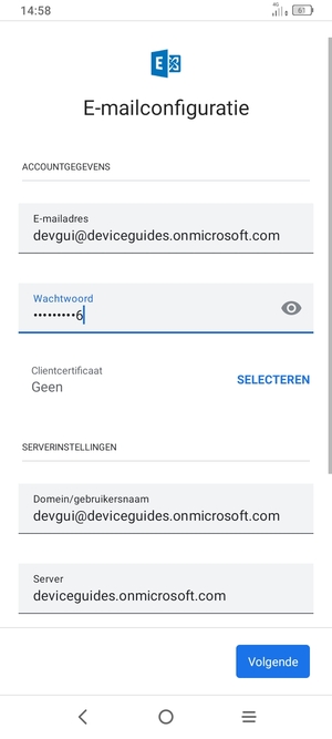 Voer Gebruikersnaam en Exchange serveradres in. Selecteer Volgende
