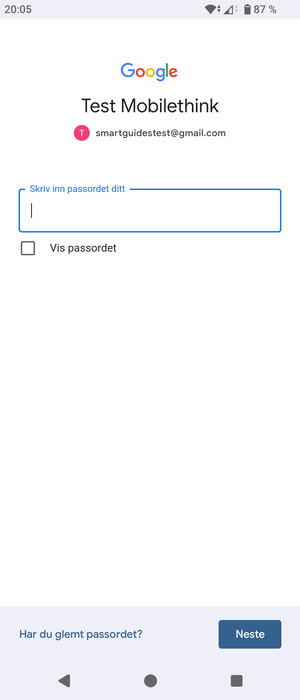 Skriv inn Gmail passord og velg Neste
