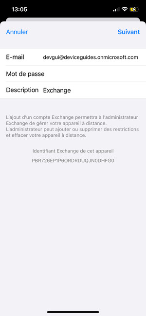 Saisissez vos informations de messagerie Exchange et sélectionnez Suivant