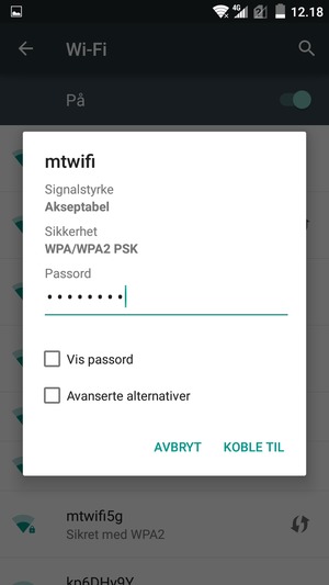 Skriv inn Wi-Fi-passord og velg KOBLE TIL