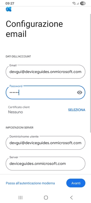 Inserisci Nome utente e l'indirizzo del server Exchange. Seleziona Avanti