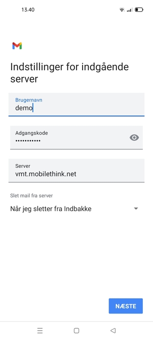 Indtast Brugernavn og indgående serveradresse. Vælg NÆSTE