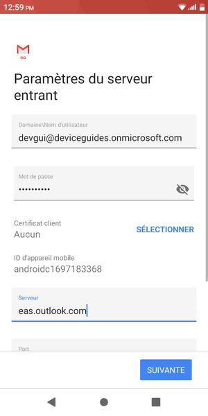 Saisissez votre mot de passe et l'adresse du serveur Exchange. Sélectionnez SUIVANTE
