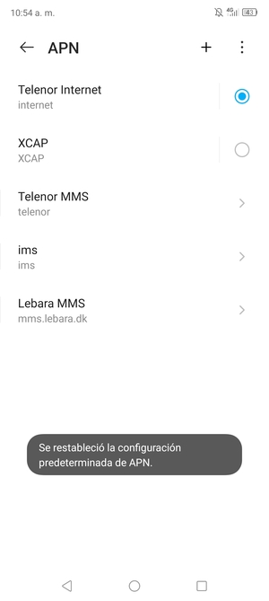 El teléfono se reiniciará con la configuración predeterminada de Internet y MMS