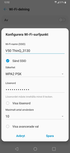 Ange ett lösenord för Wi-Fi-hotspoten, bestående av minst 8 tecken och välj Spara