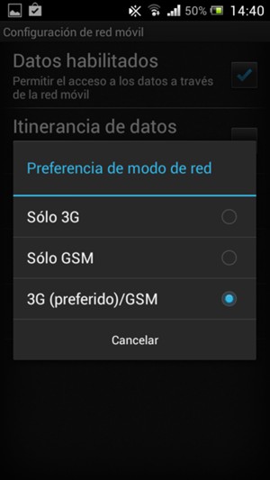 Seleccione Sólo GSM para habilitar 2G