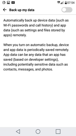 Turn on Back up my data