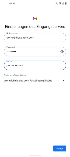 Geben Sie Benutzername und die Server-Adresse für eingehende Post ein. Wählen Sie Weiter